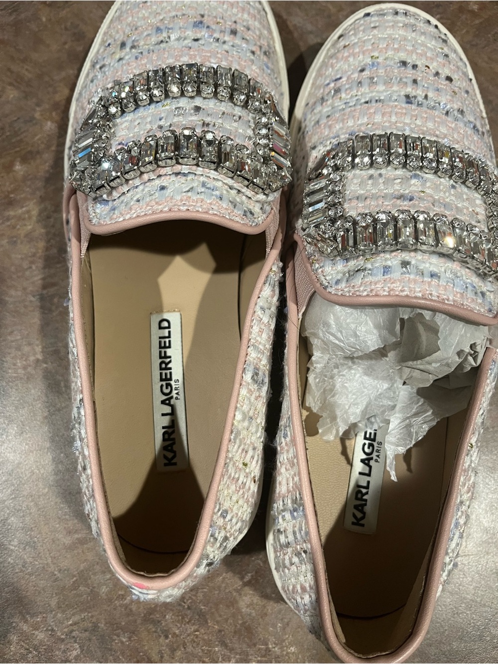 Karl Lagerfeld Pastel Tweed Slip-On Loafers with Crystal Embellishment - Picture 3 of 7